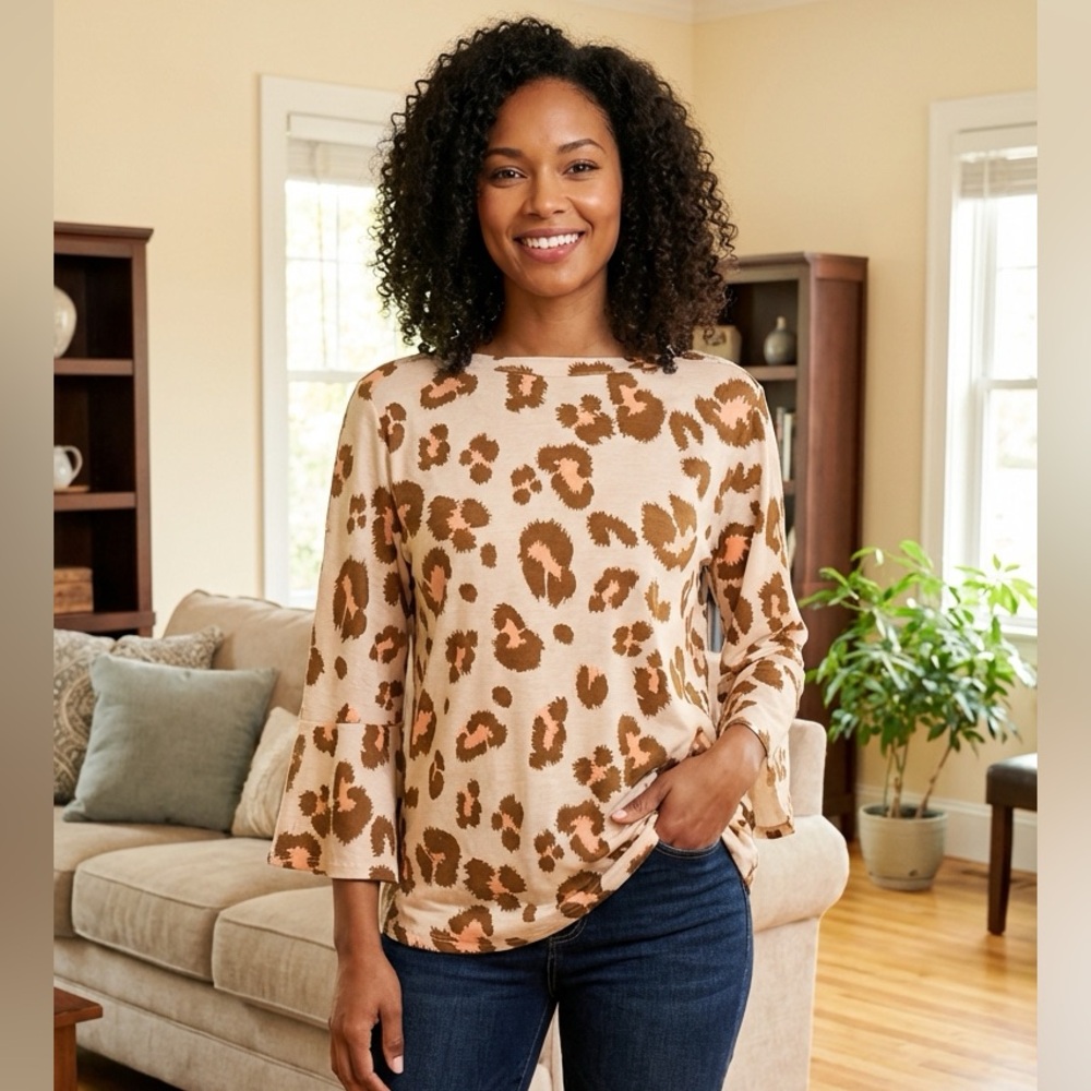 Top Casual Leopaed Print Puff Sleeve Loose T-Shirt